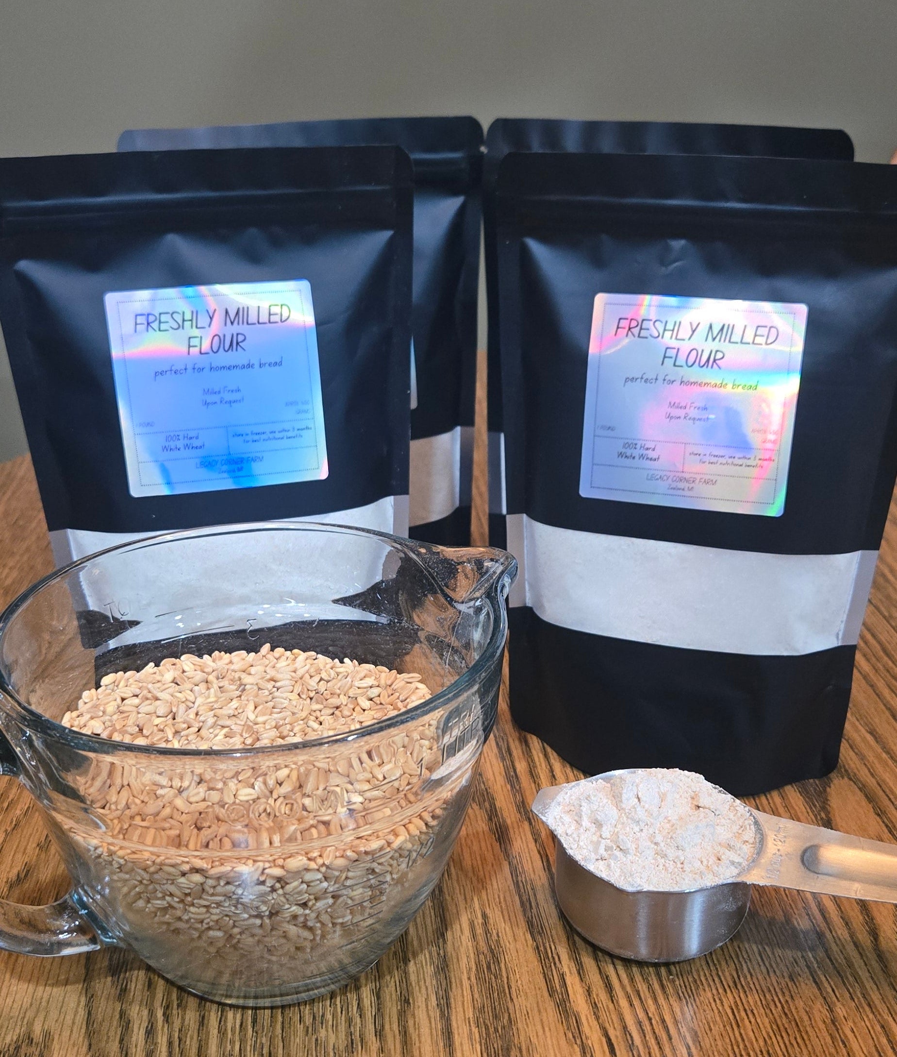 Freshly milled flour bags, wheat berries